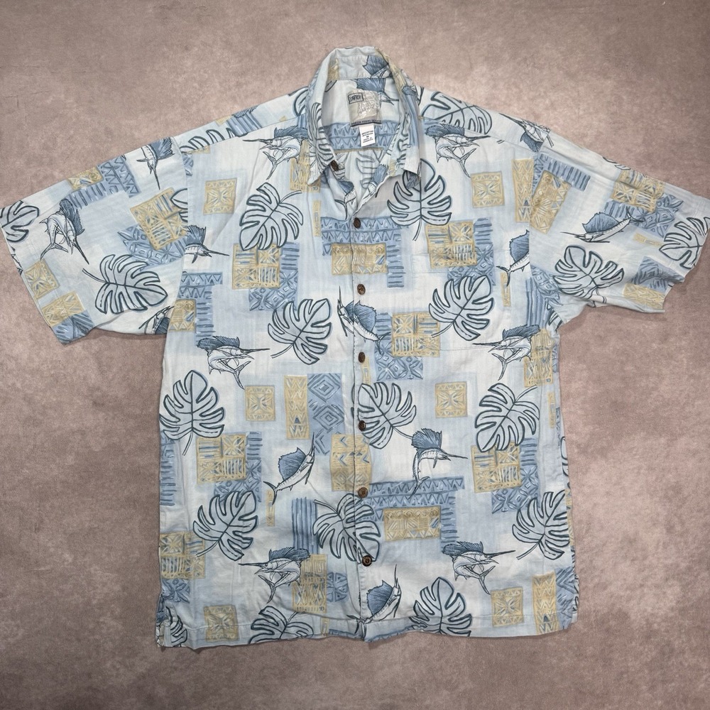 AFTCO Men's MED Short Sleeve Button Up Hawaiian Shirt Swordfish Print Blue